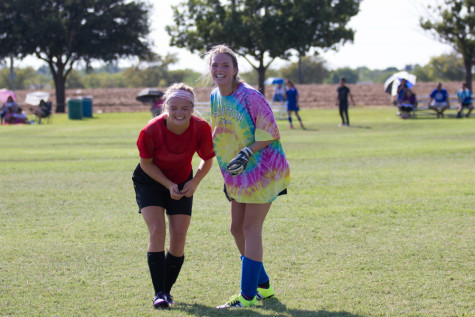 Seniors Kenzie Cvar and Emma Malone play recreational soccer for the Blue Jays at the Denton Soccer Complex on (9-26-15) in Denton, TX. (Micki Hirschhorn / The Talon News)