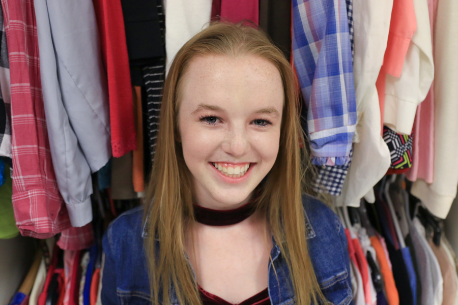 Sophomore Gracen Sieben looks star in her first school musical on Sept. 14, 2018. (Lauren Landrum / The Talon News)