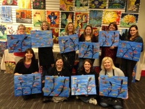 AHS teachers celebrated Brenda Spain's birthday on Feb. 13 at 'Painting with a Twist' and produced these masterpieces based on Monet's 'Lilies'. Pictured back row left to right:  Nancy Chumbley, Morgan Spain, Brenda Spain, Jennifer Fischer, Stacy Short, Leighann Fenter; Front Row:  Kimberly Kass, Phyllis Clark, Paula Smith and Terra Lyon.