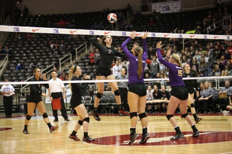 Allison White drills one over against Liberty Hill Robinson in the state semi-finals at Curtis Culwell Center Nov. 21, 2014.  (Annabel Thorpe / The Talon News)