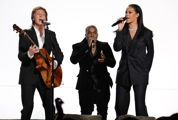 Paul McCartney, Kanye West, and Rihanna perform  FourFiveSeconds at the 57th Grammy Awards. Photo: Kevin Mazur/WireImage.com