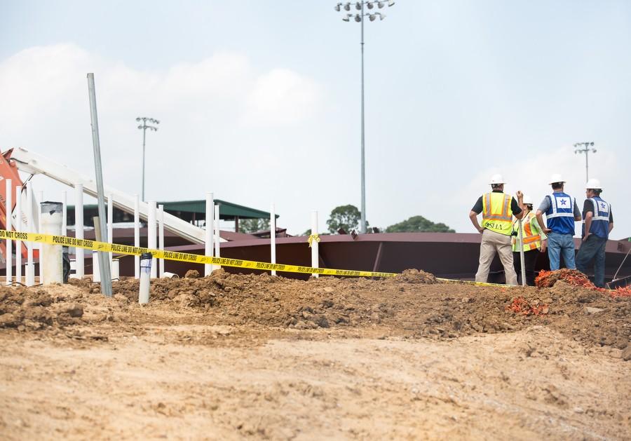 The newly formed frame of the indoor athletic complex fell at Argyle High School on April 2, 2015. (Photo by Annabel Thorpe/ The Talon News)