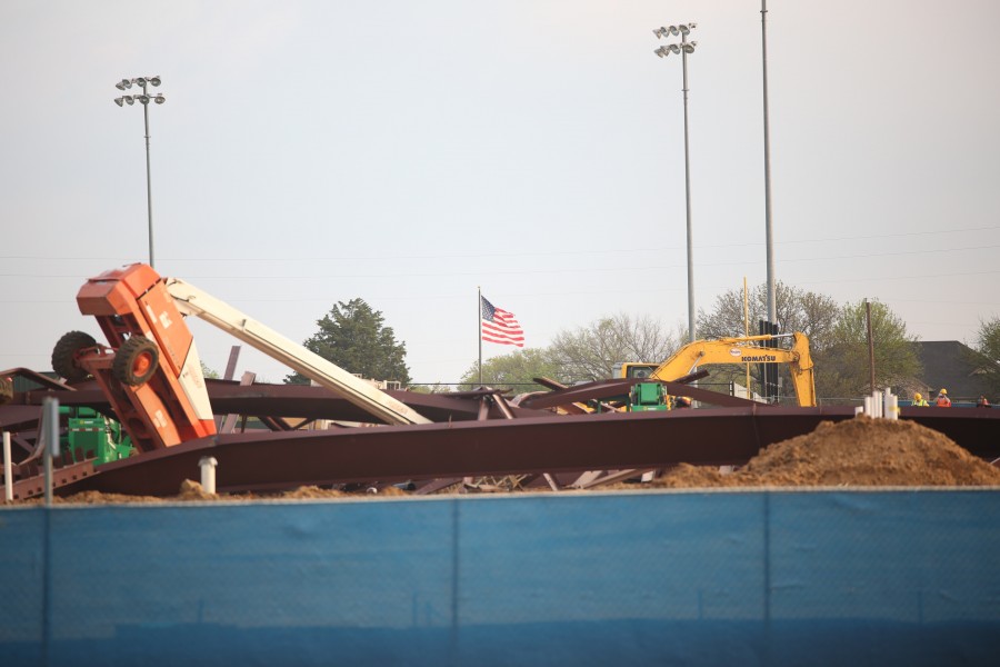 The newly formed frame of the indoor athletic complex fell at Argyle High School on April 2, 2015. (Photo by Annabel Thorpe/ The Talon News)