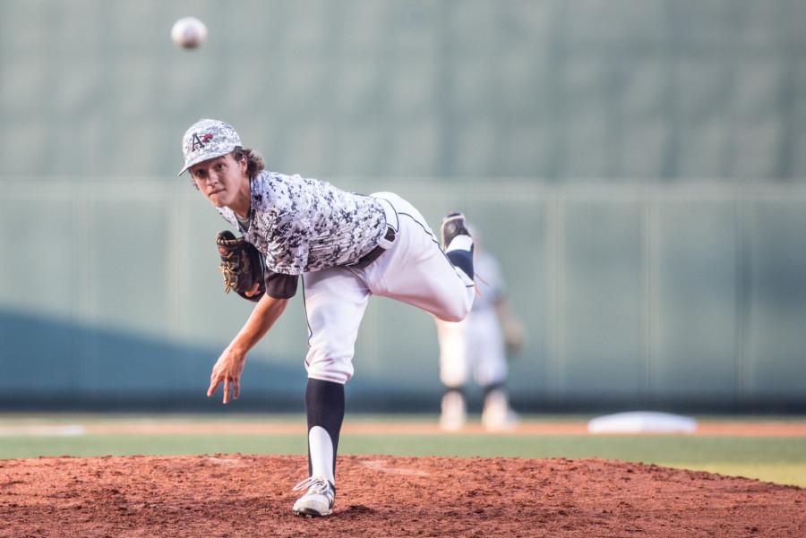 Argyles Connor Mushinski (5) pitches the ball in the UIL State Championship Final against West Orange-Stark on June 11, 2015, at the UFCU Disch-Falk Field in Austin, Texas.