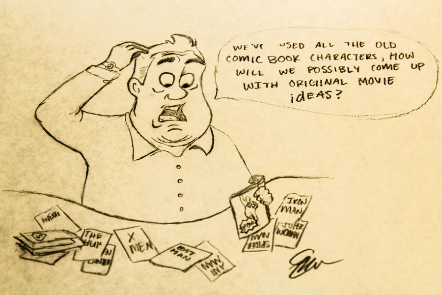 A man scratches his head as he wonders how he will be able to think of a new comic idea since all of the original ones have already been used. (Graphic by Emma Malone / The Talon News)
