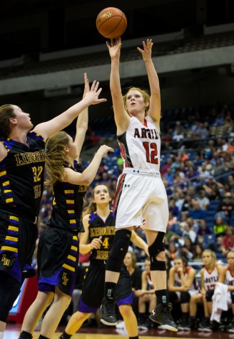 Vivian Gray goes in for a shot against Liberty Hill in the UIL State Basketball Semi-finals at Alamodome in San Antonio, TX on March 4, 2016. (Annabel Thorpe / The Talon News)