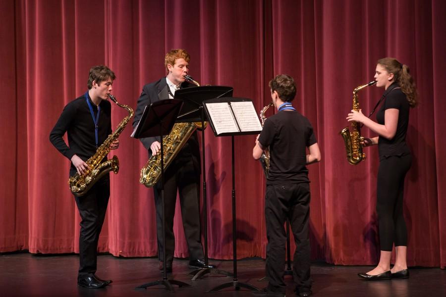 The saxophone quartet performs during the Ensemble Chamber Concert on Wednesday, March 9 at Argyle High School in Argyle, TX. (Caleb Miles / The Talon News)