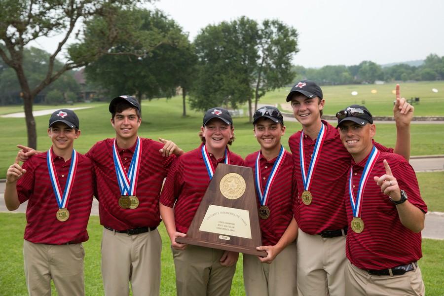 The Argyle golf team placed first at the UIL 4A state championship on Tuesday, April 26 at Onion Creek Club in Austin, TX. (From left to right: Logan Diomede, Tommy Parker, Luke Griggs, Will Blake, Alex Isakson, Coach Brady Bell) (Caleb Miles / The Talon News)