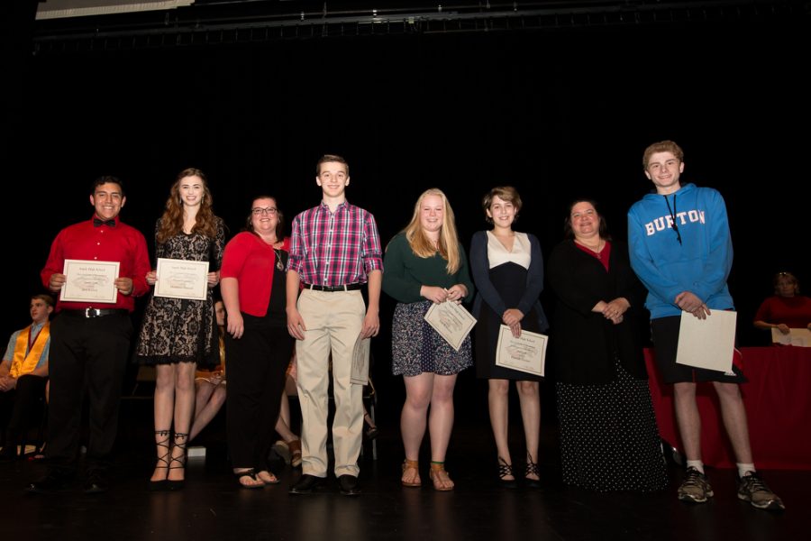 Art and Theater students receive their awards at the end of year award ceremony on Monday, May 16 in Argyle, Texas. Pictured left to right: Javy Govea, Maddison Darnell, Slade Monroe, Luis Robertson, Hannah Greiner, and Connor Nielsen. (Annabel Thorpe / The Talon News)