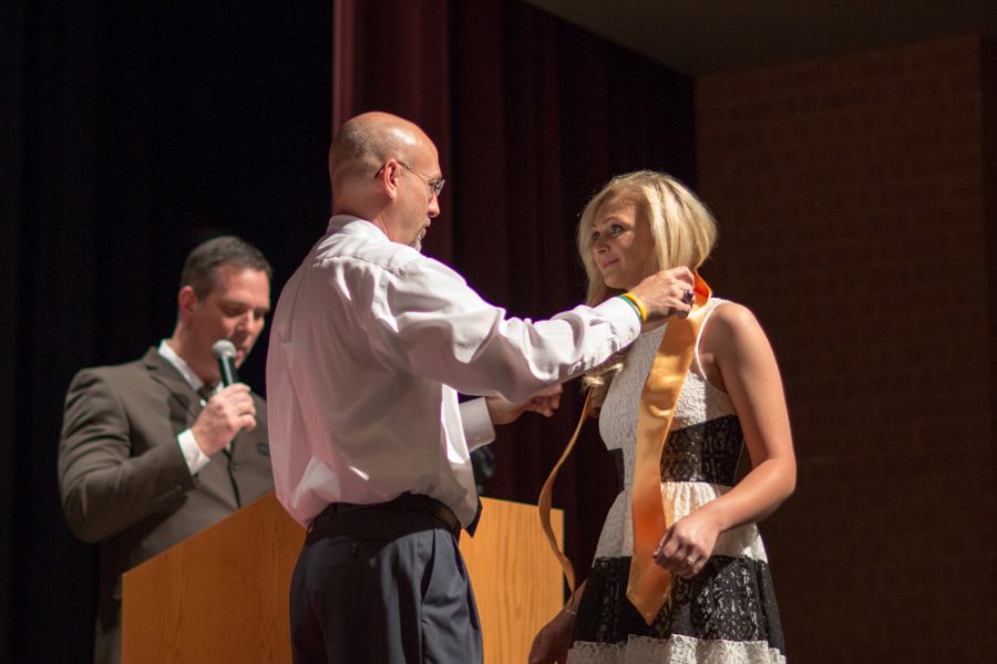 Senior Lilly Carter received her honor stole for ranking in the top ten at the End of Year Awards on Monday, May 16 at Argyle High School in Argyle, TX. (Caleb Miles / The Talon News)