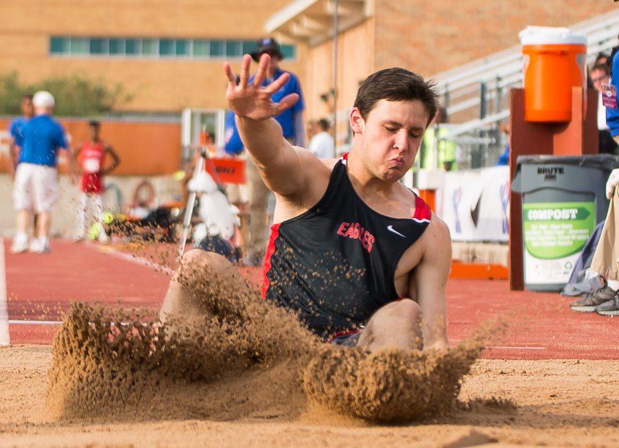 Dane Ledford jumps a length of 22 5 in the UIL state track and field competition at Mike A. Myers Stadium in Austin, TX on May 14, 2016. (Annabel Thorpe/The Talon News)