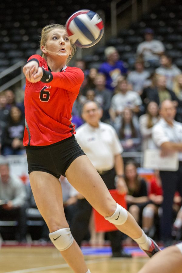 Sophomore, Alyssa Wallace passes the ball to Brittany Hamilton in the 2nd set of the state semi finals against Navarro on Thursday, Nov. 17 at Curtis Culwell Center in Garland, TX. (Caleb Miles / The Talon News)