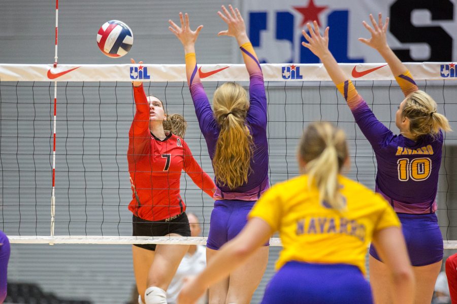 Texas Tech commit Allison White (7) tips the ball across the net in the third set against Navarro. The Lady Eagles defeat Navarro (25-15, 25-15, 25-15) on Thursday, Nov. 17 at Curtis Culwell Center in Garland, TX. (Caleb Miles / The Talon News)