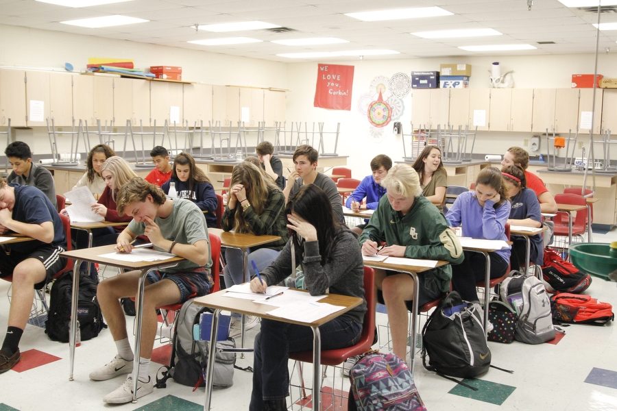 Students take a quiz in Tommy Ledfords fifth period Chemistry class of ninth graders on Jan. 11, 2017 at Argyle High School in Argyle, Texas. (Elli Marusa / The Talon News)
