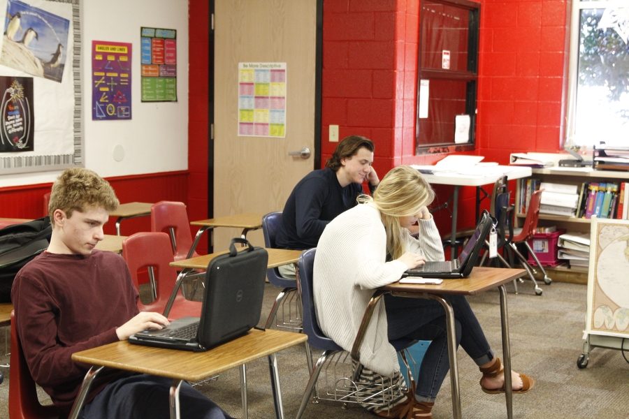 Conner Neilson, Sam Smiley, and Hailey Kuhn (left to right) participate in teacher Beccie Perkins study skills class during fifth period on Jan. 11, 2017 at Argyle High School in Argyle, Texas. (Elli Marusa / The Talon News)