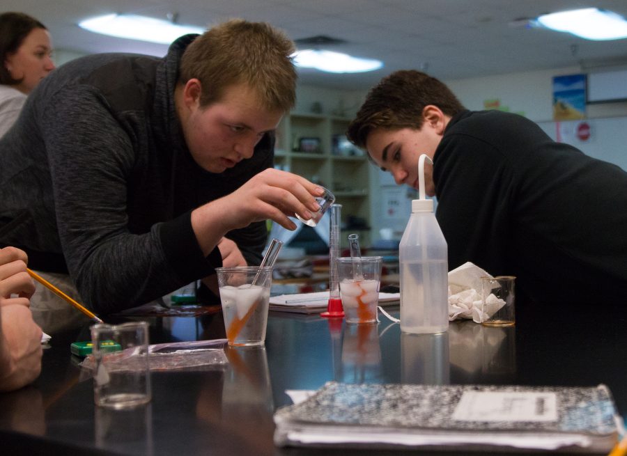 Freshmen Micah Hiter and Luke Farris measure materials for their DNA extraction lab in Mrs. Deserae Goods Biology I Pre-AP class on Jan. 21, 2017. (Campbell Wilmot/The Talon News)