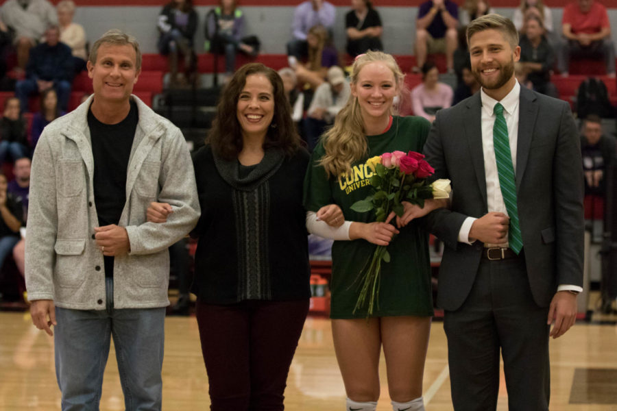 Wearing her future college gear, Davis is presented at senior night at Argyle High School in Argyle, Texas on Oct. 10, 2017. (Sarah Berney / The Talon News)