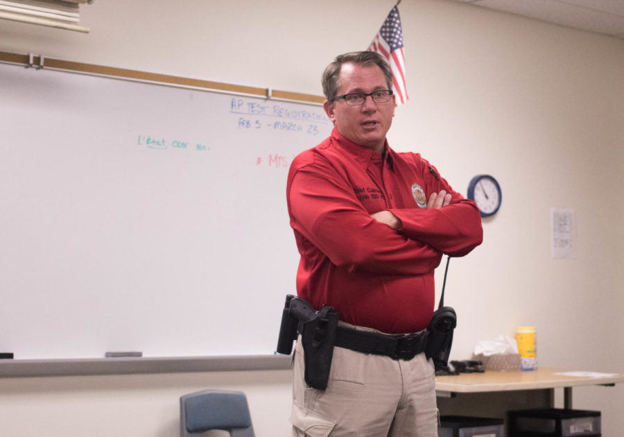 AISD Police Chief Paul Cairney speaks to students about the dangers of vaping and taking prescription medication recreationally at Argyle High School on Feb. 23, 2018. (Jaclyn Harris / The Talon News)