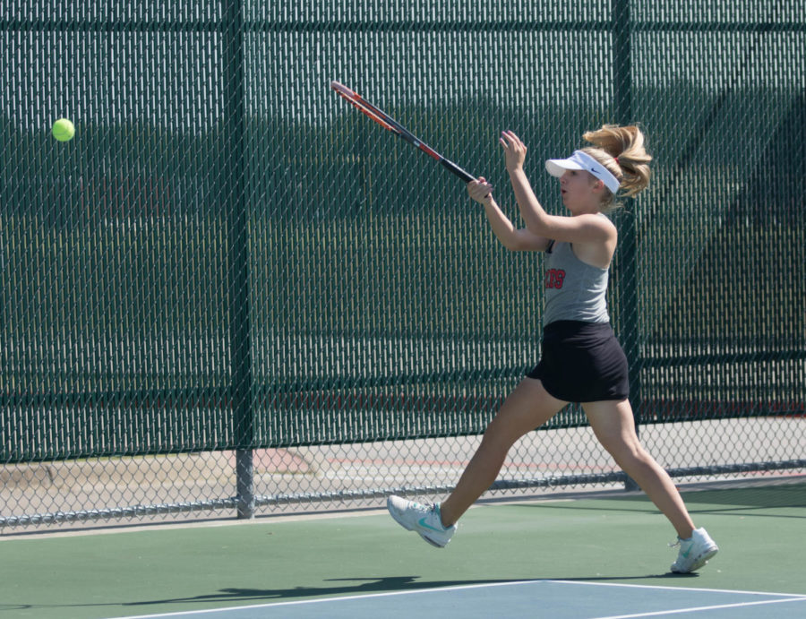 Audrey Livingston takes the court in a tennis tournament at Argyle High School on Oct. 19, 2017. (Jaclyn Harris / The Talon News)