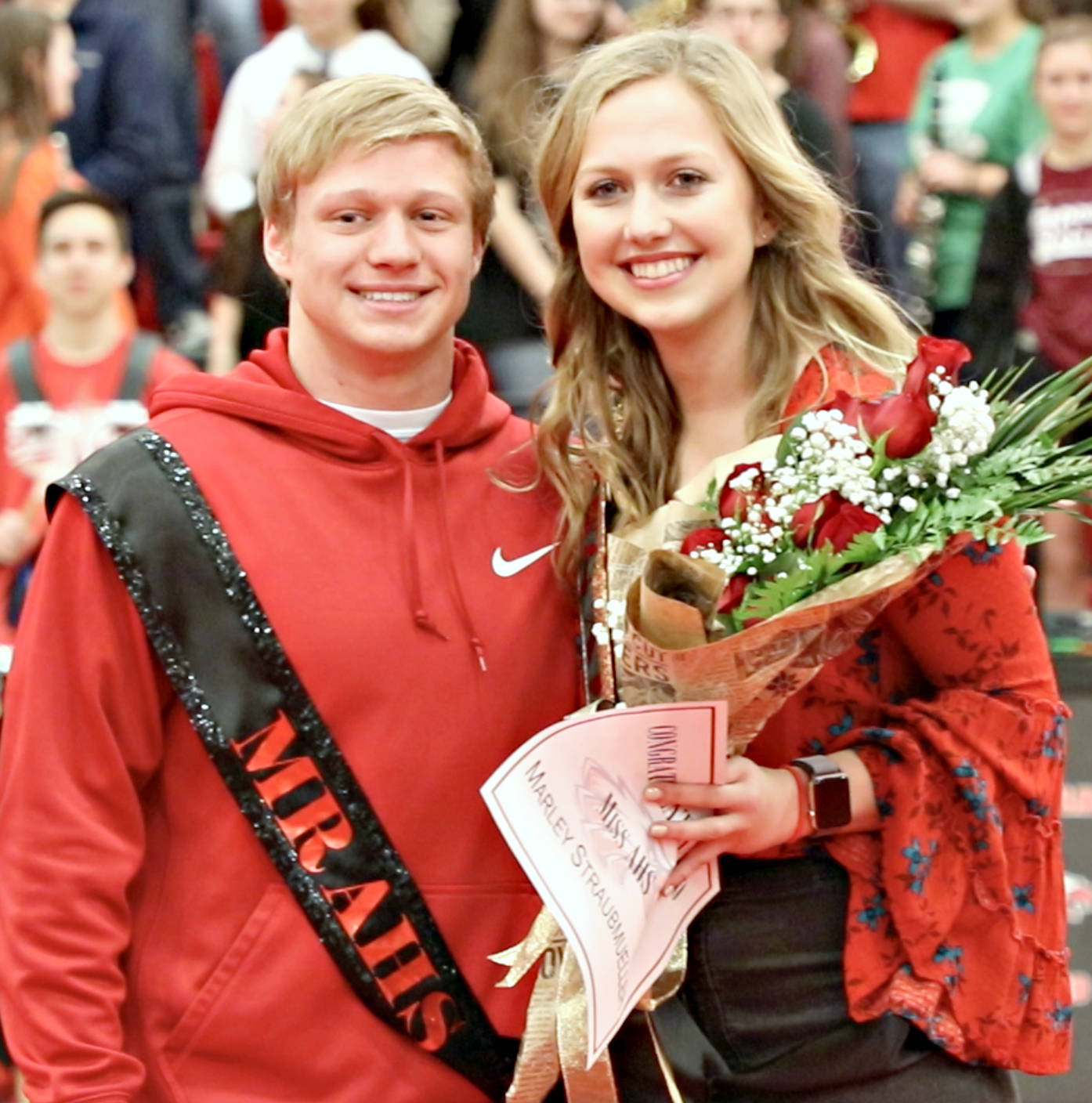Seniors Cale Nanny and Marley Straubmueller are crowned as Mr. and Miss AHS at the red out pep rally on Feb. 6, 2018 at Argyle High School in Argyle, TX. (Photo by: Pam Arrington)