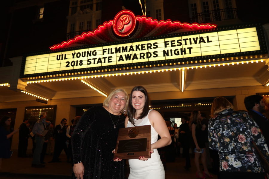 Junior Lauren Landrum holds up her bronze UIL state plaque at the UIL Young Filmmakers Festival in Austin, TX on Feb. 28, 2018. (Lauren Landrum / The Talon News)