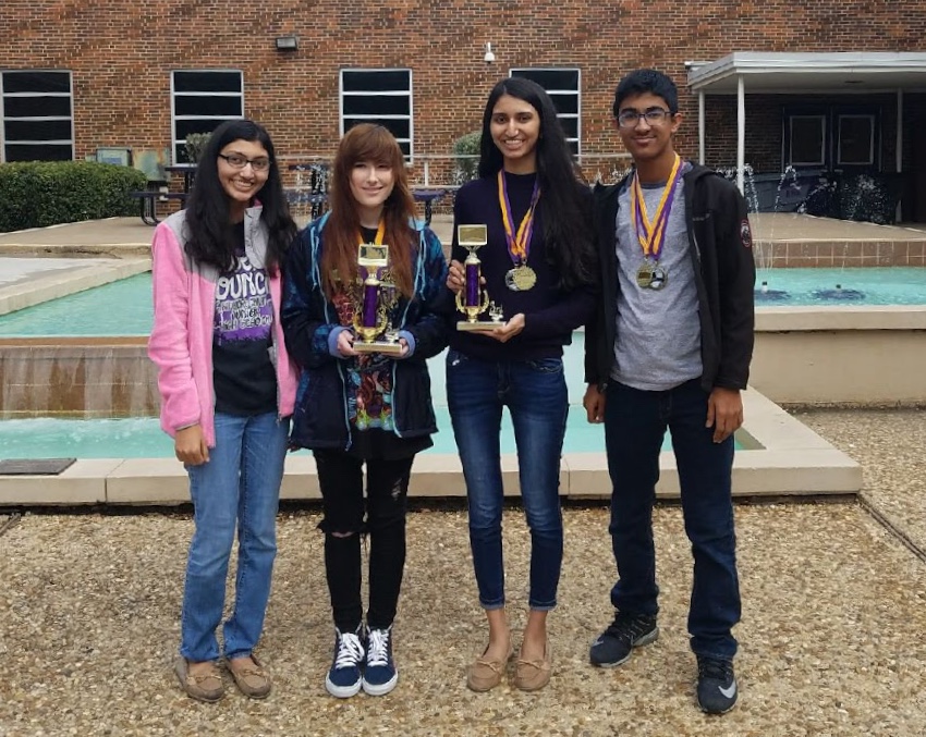 Shivani Gandhi and other students show off their awards after a UIL Computer Science meet. (Photo by: The Argyle Academics Twitter)