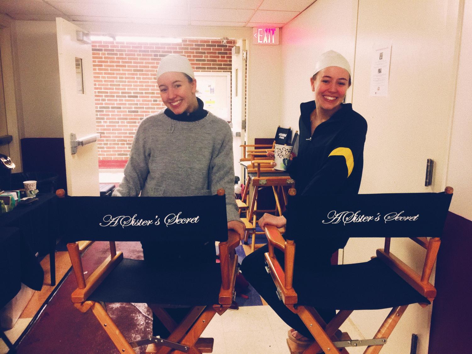 Juniors Katy and Carly Haynes smile on set of A Sister's Secret in Morehouse College on Jan. 31, 2018. (Carly Haynes/The Talon News)