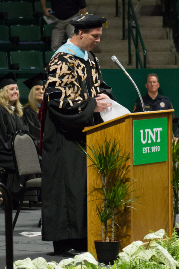 Dr. Hill celebrates his final graduating class at the UNT Coliseum on May 22, 2018. (Andrew Fritz / The Talon News)