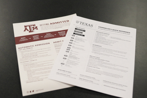 Two admission instruction sheets for Texas public universities, UT and Texas A&M, represent the colleges that are most effected by the Top Ten Percent Law, at Argyle High School, in Argyle, TX, on September 20, 2018. (Faith Stapleton)