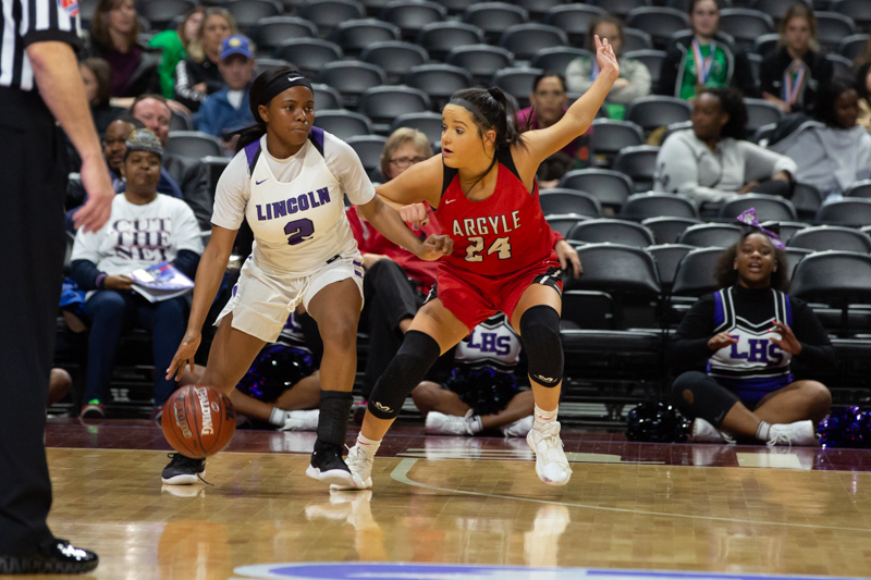 Junior Abby Williams plays tough defense as the Argyle Lady Eagles defeat the Dallas Lincoln Tigers in the Conference 4A State Semi-Final game at the Alamodome in San Antonio, Texas, on March 1, 2019. (Andrew Fritz | The Talon News)