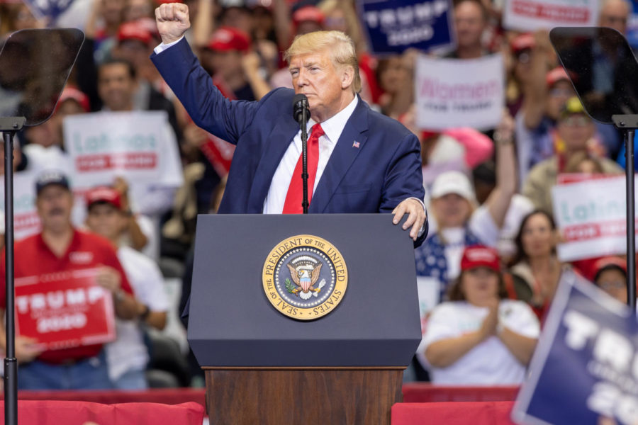 President Trump speaks at his rally at the American Airlines center on Oct. 17, 2019. (Andrew Fritz/ The Talon News) 