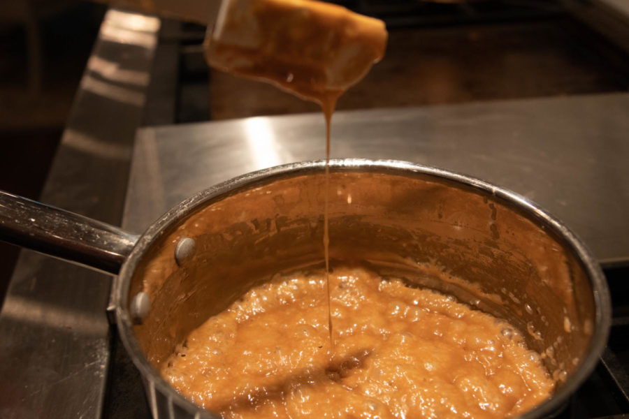 After some time on the stove, the caramel sauce thickened to a consistency that could be piped. (Ashlynn Roberts/ The Talon News) 