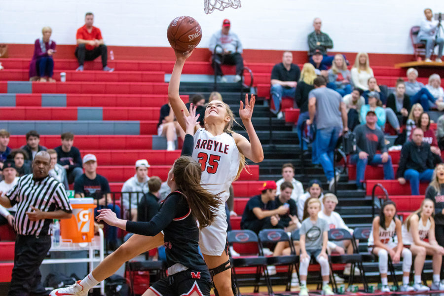 The Lady Eagles Shelby Henches (35) goes up for two as the Eagles go head to head with the Melissa Cardinals At Argyle High School in Argyle, Texas on Dec. 2, 2019. (Alex Daggett/ The Talon News)