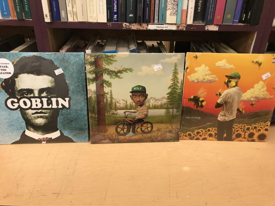 Tyler, the Creators albums Goblin, Wolf, and Flower Boy for sale on vinyl on January 31, 2020. (Sam Mykel/ The Talon News)