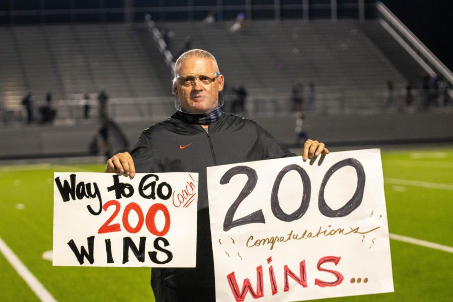Coach Todd Rodgers celebrates 200 career wins after the Eagles defeated the Anna Coyotes at Anna High School on Oct. 9, 2020 (Isabella Rader / The Talon News)