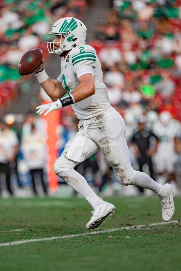 UNT Mean Green Sophomore Quarterback Austin Aune scrambles out of the pocket. Both UNT and Miami (Ohio) finished their regular seasons 6-6, and 5-3 in their respective conferences (© The Talon News | Contributor Alex Daggett).