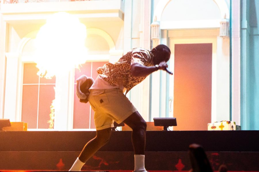 Rapper Tyler, the Creator takes a break during his set at American Airlines Center in Dallas, TX on Feb. 16 