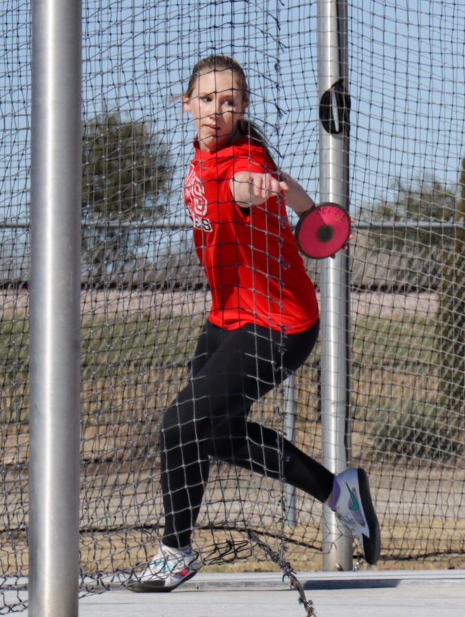 Cora Crowell competes in discus on February 18, 2022 in Grapevine, Texas.