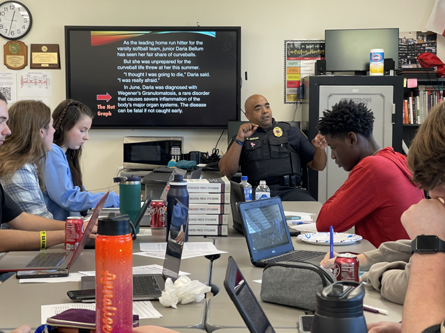 Town of Argyle Police Chief Emmitt Jackson speaks to students about family and duty on Oct. 18, 2020 at Argyle High School, Argyle, TX.