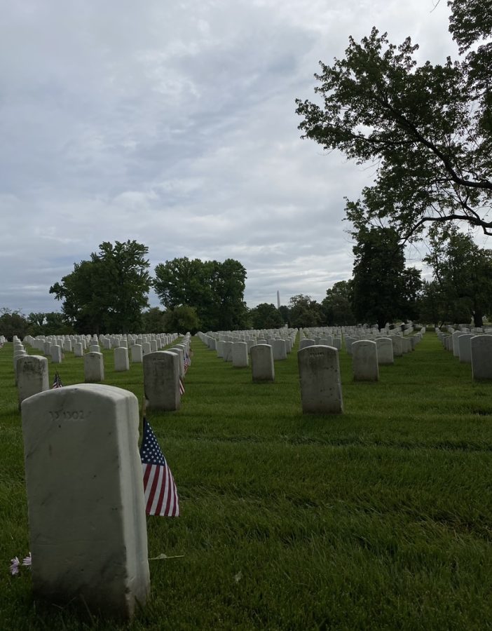 The Washington Monument looms in the distance over the vast field of soldiers graves. Taken May 29, 2023.
