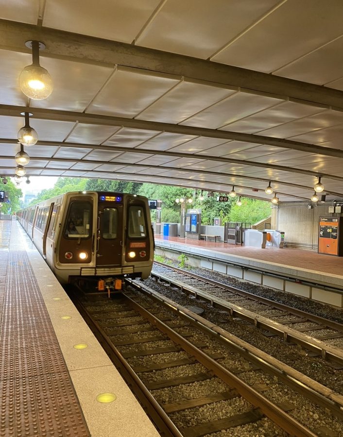 A DC Metro Blue Line train enters the Arlington Cemetery Station. Taken on May 29, 2023.