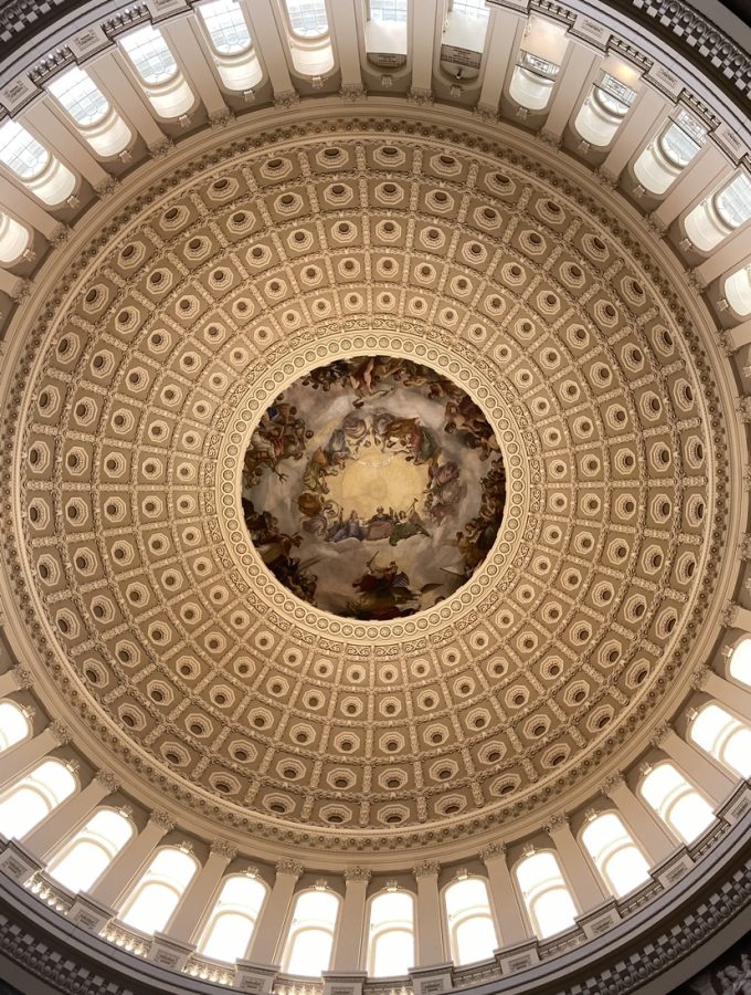 The U.S. Capitol Rotunda depicts George Washington as a god surrounded by Roman and Renaissance themes. Taken May 31, 2023.