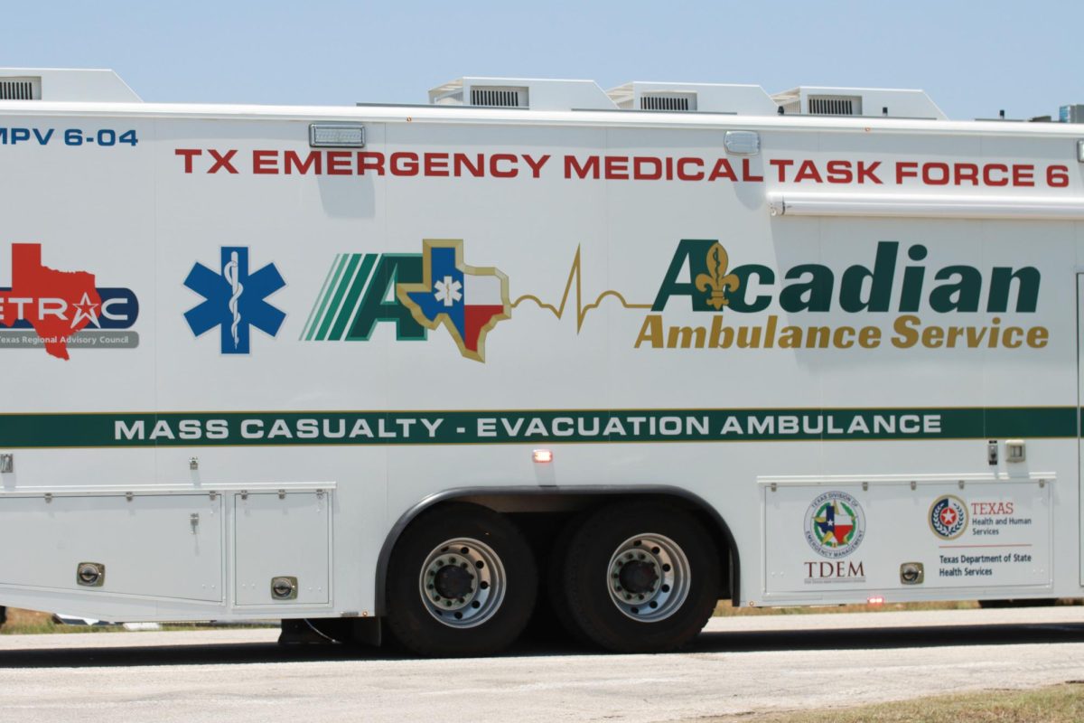 A mass causality and evacuation ambulance responds to a truck stop where at least 150 people took shelter from a tornado in the late night of May 25. Taken May 26, 2024. 