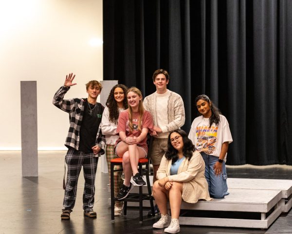 (Left to right) Senior directors Jacob Allen, Alixandra Bourland, Jordyn Davis, Jack Dillon, Madison Jackson, and Vrddhi Raviraj Jathan pose together on the auditorium stage. Taken Dec. 18, 2024.